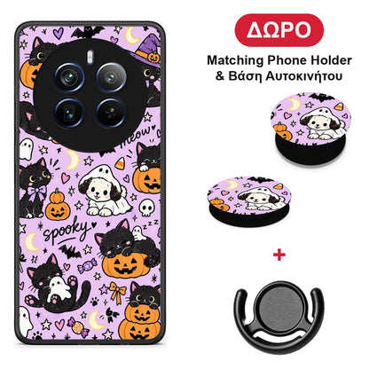 Halloween Black Cats on Lilac - Realme 12 Pro 5G / 12 Pro+ θήκη + Δώρο Phone Holder & Βάση Αυτοκινήτου