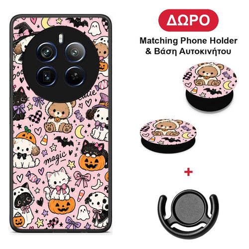 Halloween Cute Animals on Pink - Realme 12 Pro 5G / 12 Pro+ θήκη + Δώρο Phone Holder & Βάση Αυτοκινήτου