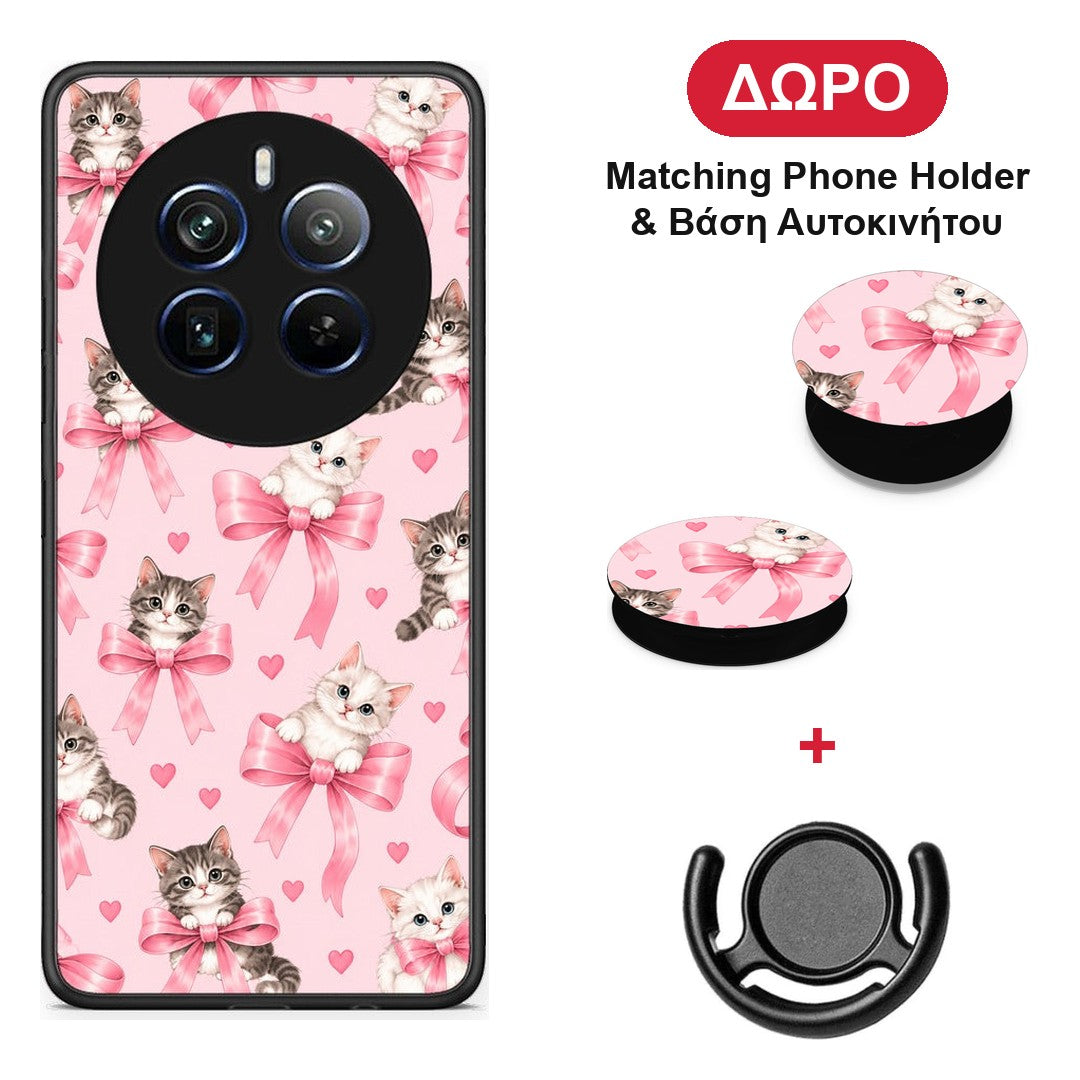 Kittens and Pink Bows on Pink - Realme 12 Pro 5G / 12 Pro+ θήκη + Δώρο Phone Holder & Βάση Αυτοκινήτου
