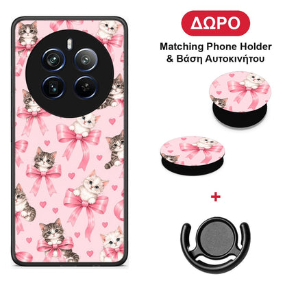 Kittens and Pink Bows on Pink - Realme 12 Pro 5G / 12 Pro+ θήκη + Δώρο Phone Holder & Βάση Αυτοκινήτου