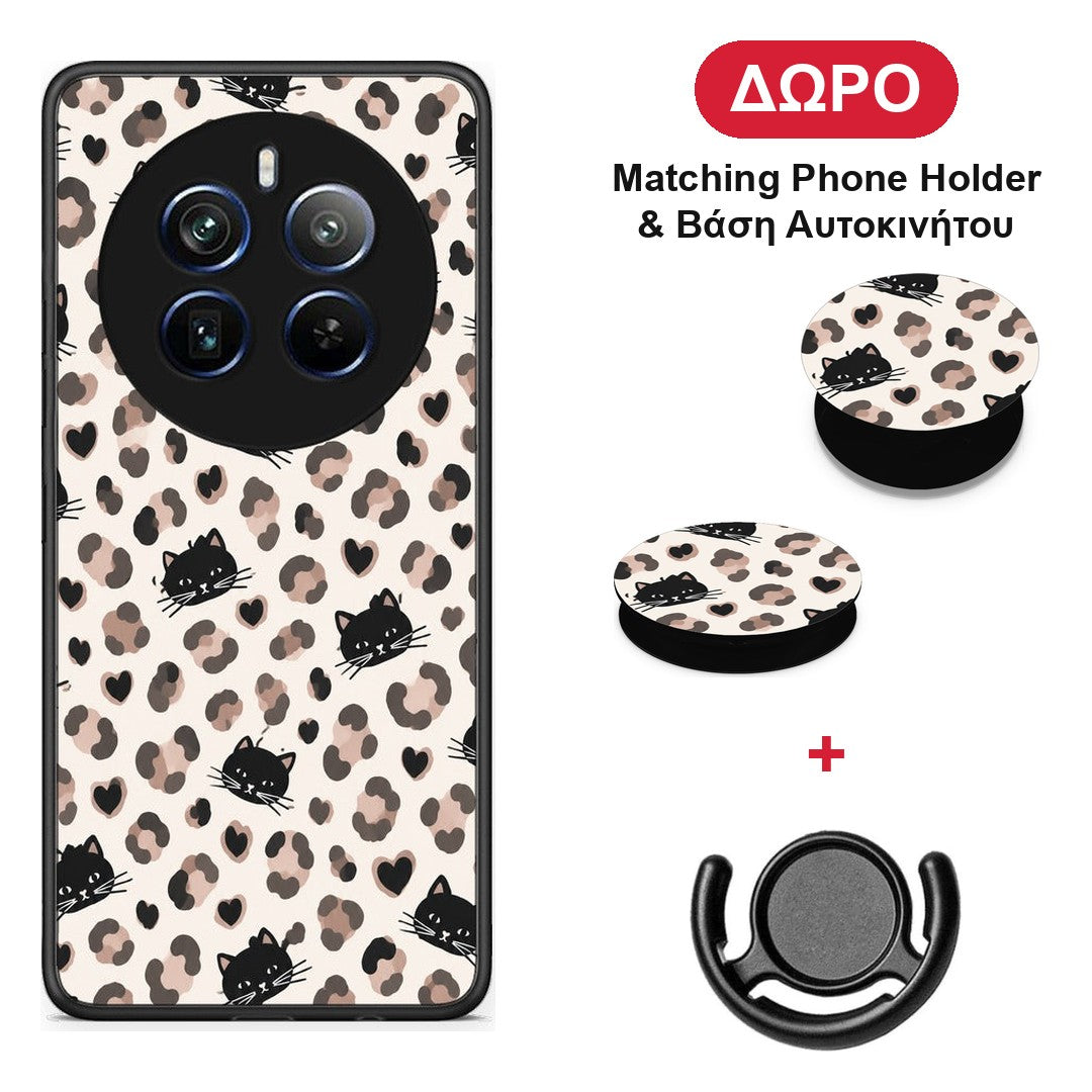 Leopard Spots and Black Cats on Cream - Realme 12 Pro 5G / 12 Pro+ θήκη + Δώρο Phone Holder & Βάση Αυτοκινήτου