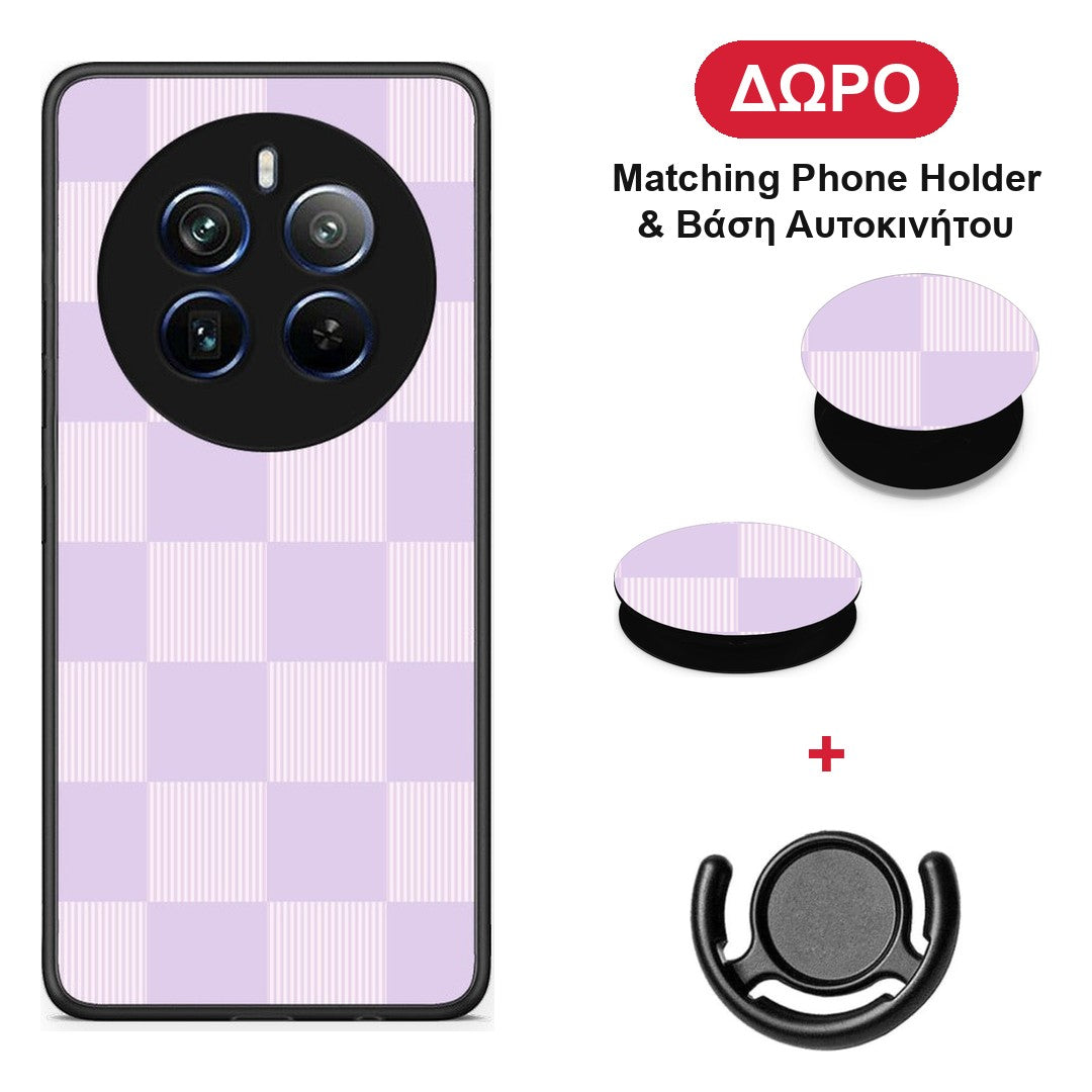 Lilac and Cream Striped Checks - Realme 12 Pro 5G / 12 Pro+ θήκη + Δώρο Phone Holder & Βάση Αυτοκινήτου