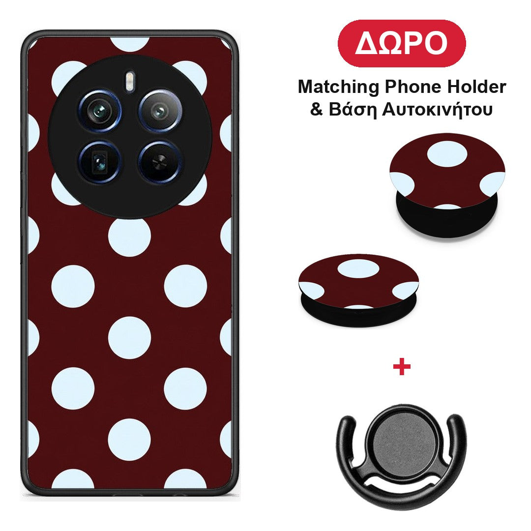 Pale Blue Large Polka Dots on Burgundy - Realme 12 Pro 5G / 12 Pro+ θήκη + Δώρο Phone Holder & Βάση Αυτοκινήτου