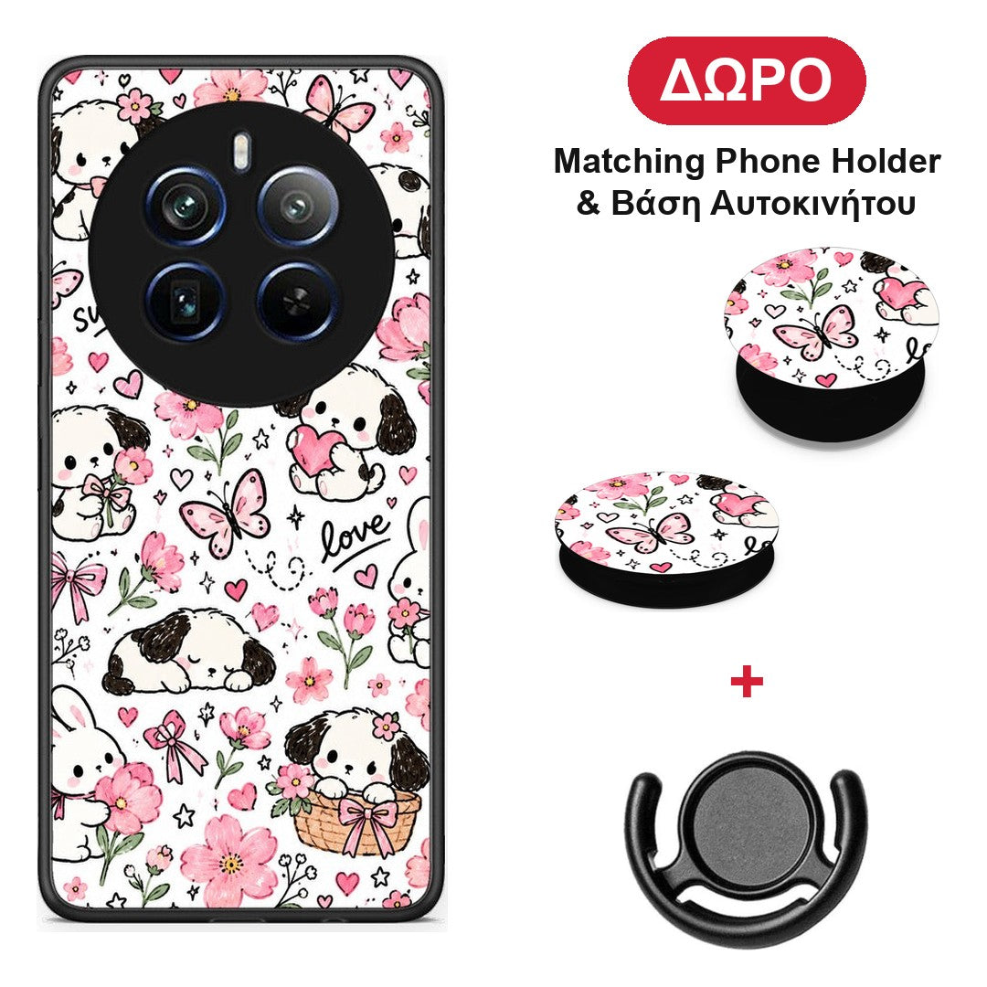 Pink Florals Puppies and Bunnies on White - Realme 12 Pro 5G / 12 Pro+ θήκη + Δώρο Phone Holder & Βάση Αυτοκινήτου