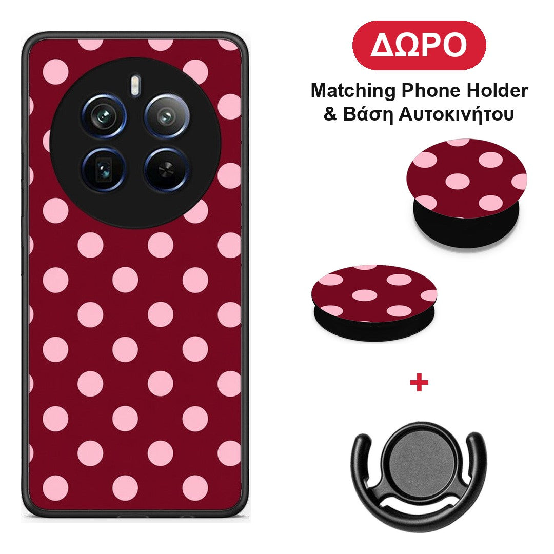 Pink Polka Dots on Burgundy - Realme 12 Pro 5G / 12 Pro+ θήκη + Δώρο Phone Holder & Βάση Αυτοκινήτου