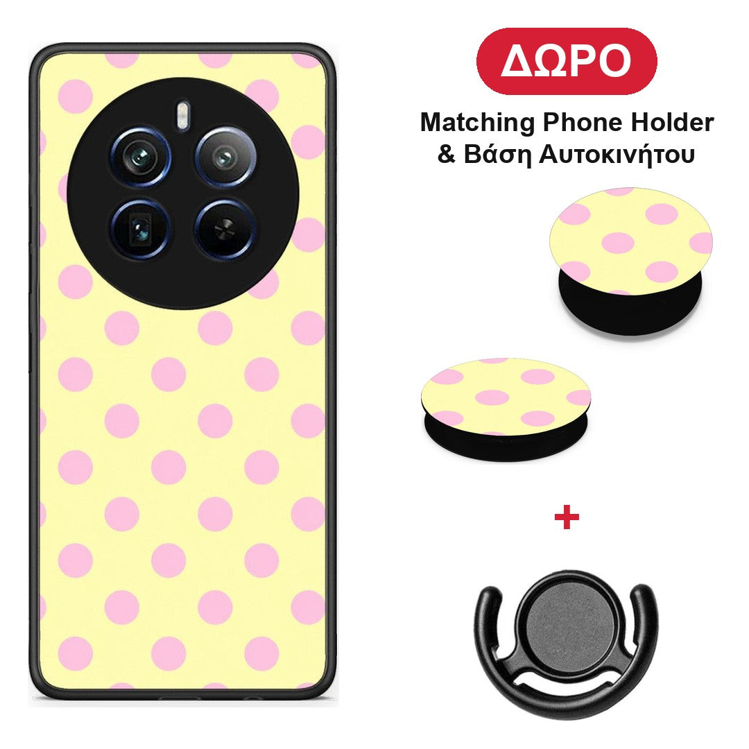 Pink Polka Dots on Yellow - Realme 12 Pro 5G / 12 Pro+ θήκη + Δώρο Phone Holder & Βάση Αυτοκινήτου