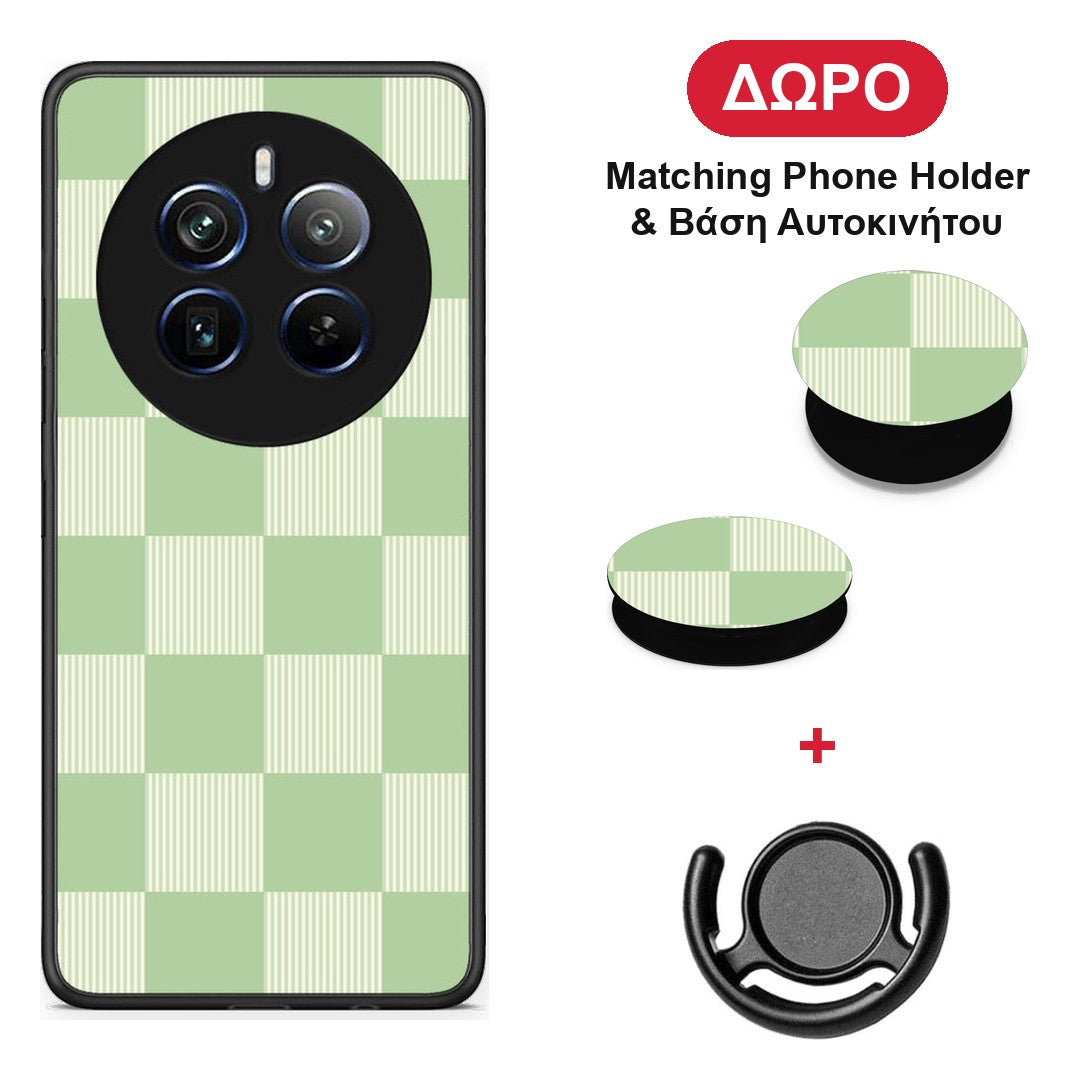 Sage and Cream Striped Checks - Realme 12 Pro 5G / 12 Pro+ θήκη + Δώρο Phone Holder & Βάση Αυτοκινήτου