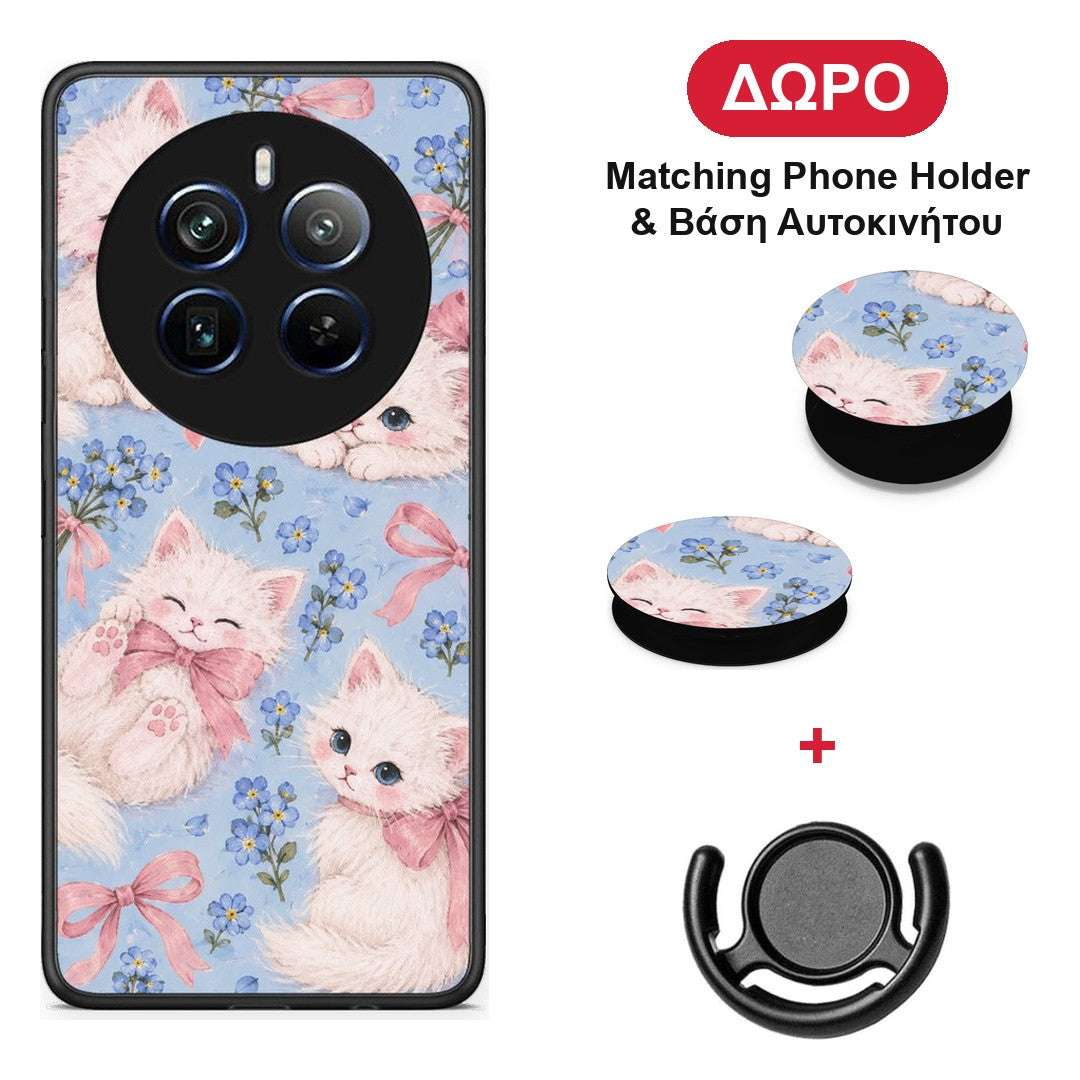 White Kittens and Blue Flowers Large - Realme 12 Pro 5G / 12 Pro+ θήκη + Δώρο Phone Holder & Βάση Αυτοκινήτου