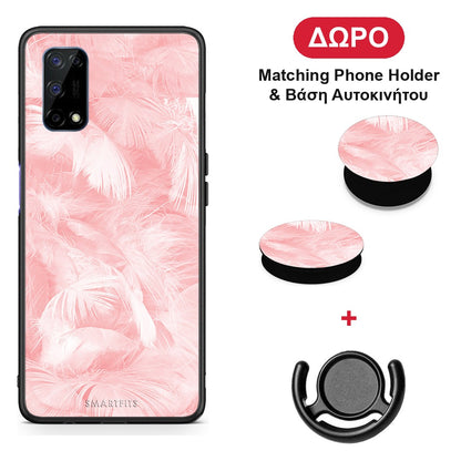 Boho Pink Feather - Realme 7 5G θήκη + Δώρο Phone Holder & Βάση Αυτοκινήτου