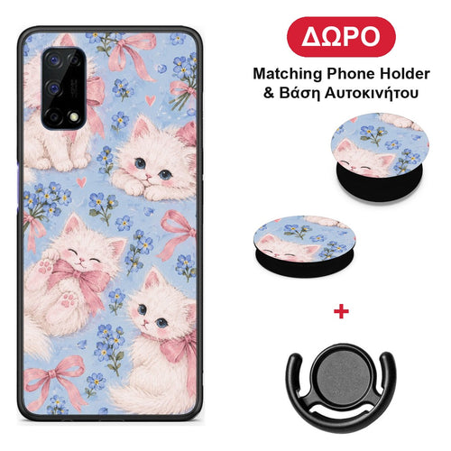 White Kittens and Blue Flowers Large - Realme 7 5G θήκη + Δώρο Phone Holder & Βάση Αυτοκινήτου