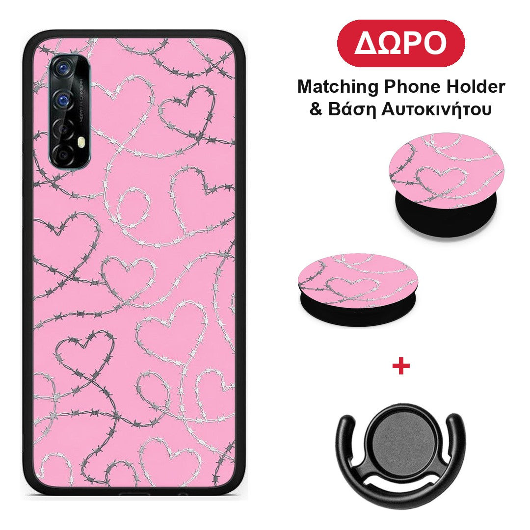 Barbed Wire Hearts on Pink - Realme 7 θήκη + Δώρο Phone Holder & Βάση Αυτοκινήτου