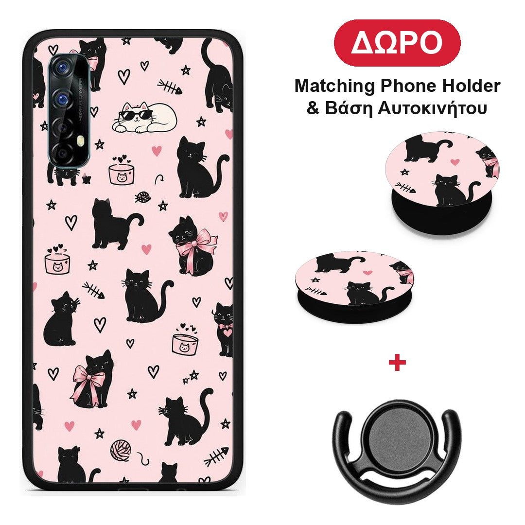 Black Cat Doodles on Pink - Realme 7 θήκη + Δώρο Phone Holder & Βάση Αυτοκινήτου