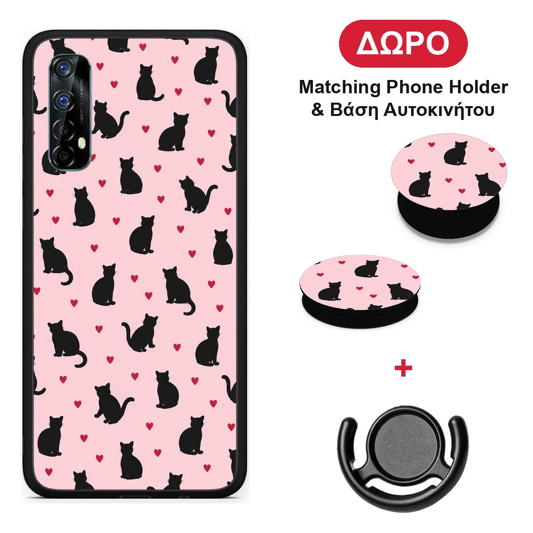 Black Cat Silhouettes and Hearts on Pink - Realme 7 θήκη + Δώρο Phone Holder & Βάση Αυτοκινήτου