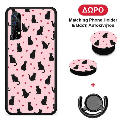 Black Cat Silhouettes and Hearts on Pink - Realme 7 θήκη + Δώρο Phone Holder & Βάση Αυτοκινήτου