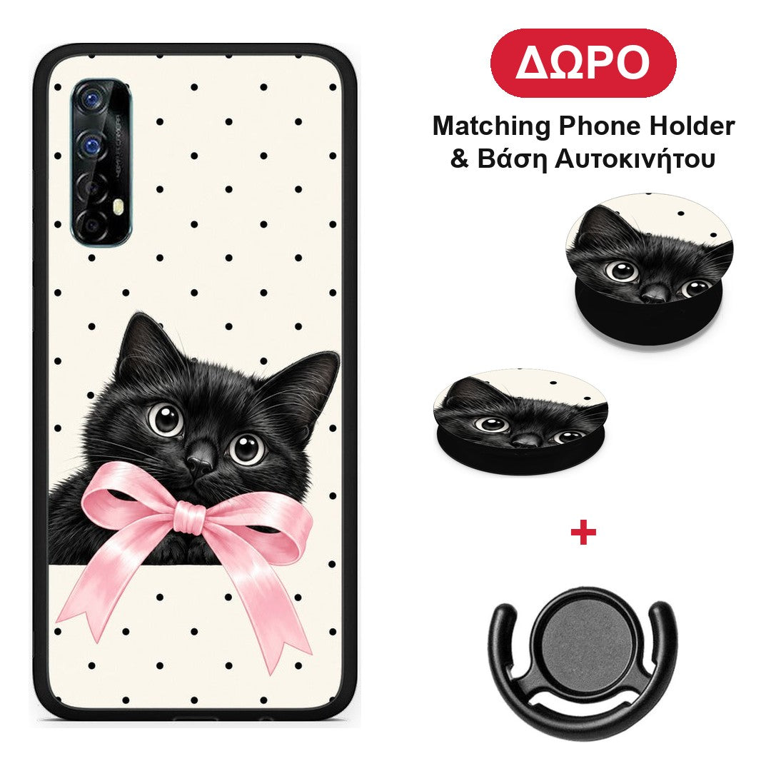 Black Kitten Pink Bow and Polka Dots - Realme 7 θήκη + Δώρο Phone Holder & Βάση Αυτοκινήτου