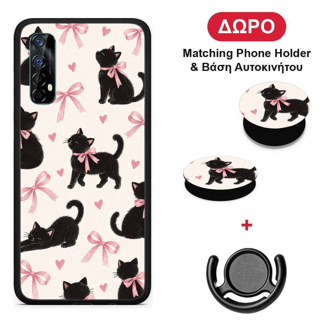 Black Kittens and Pink Bows on Cream Large - Realme 7 θήκη + Δώρο Phone Holder & Βάση Αυτοκινήτου