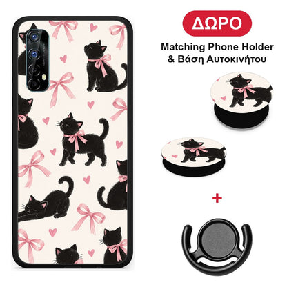Black Kittens and Pink Bows on Cream Large - Realme 7 θήκη + Δώρο Phone Holder & Βάση Αυτοκινήτου