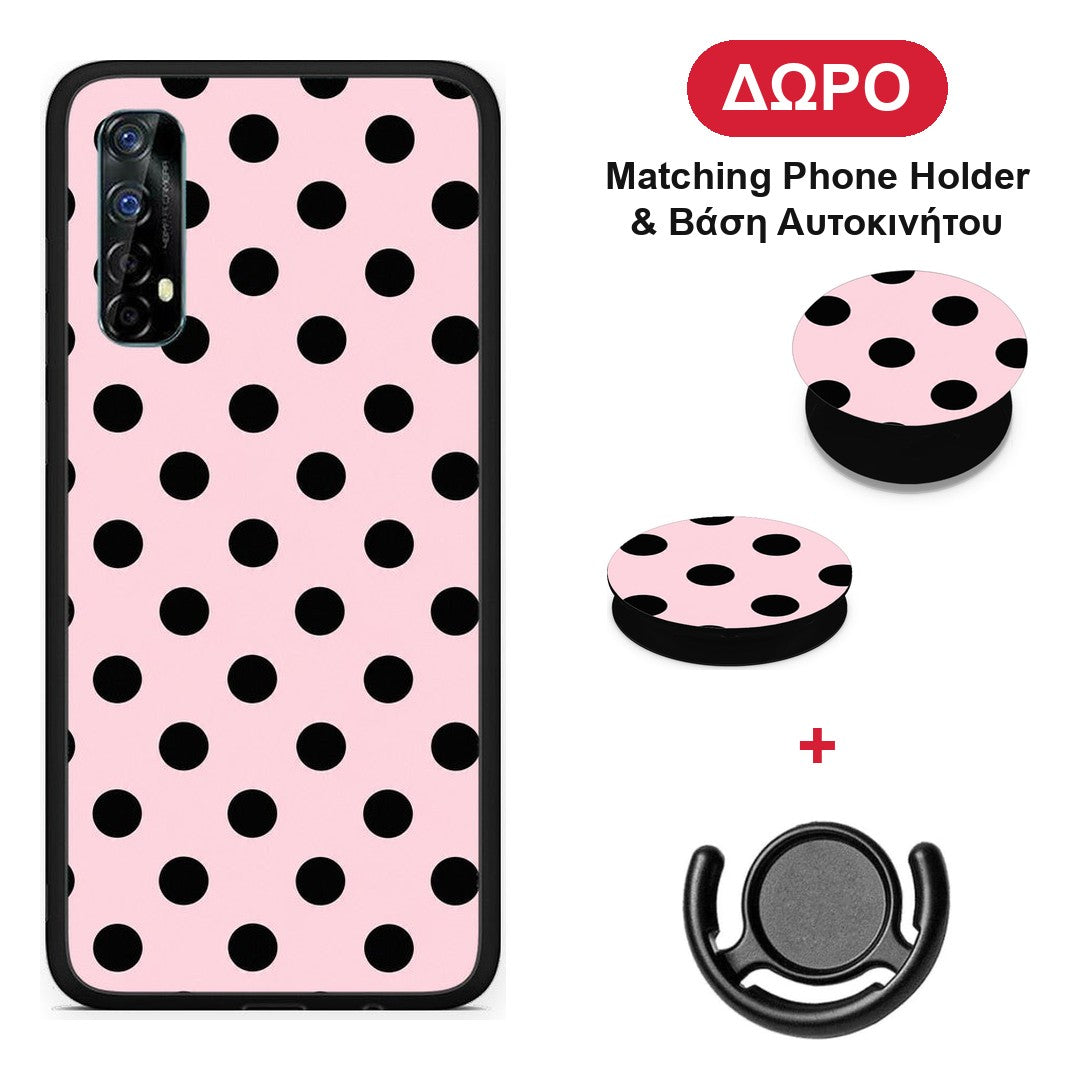 Black Polka Dots on Pink - Realme 7 θήκη + Δώρο Phone Holder & Βάση Αυτοκινήτου