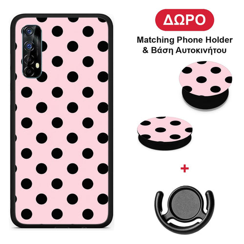Black Polka Dots on Pink - Realme 7 θήκη + Δώρο Phone Holder & Βάση Αυτοκινήτου