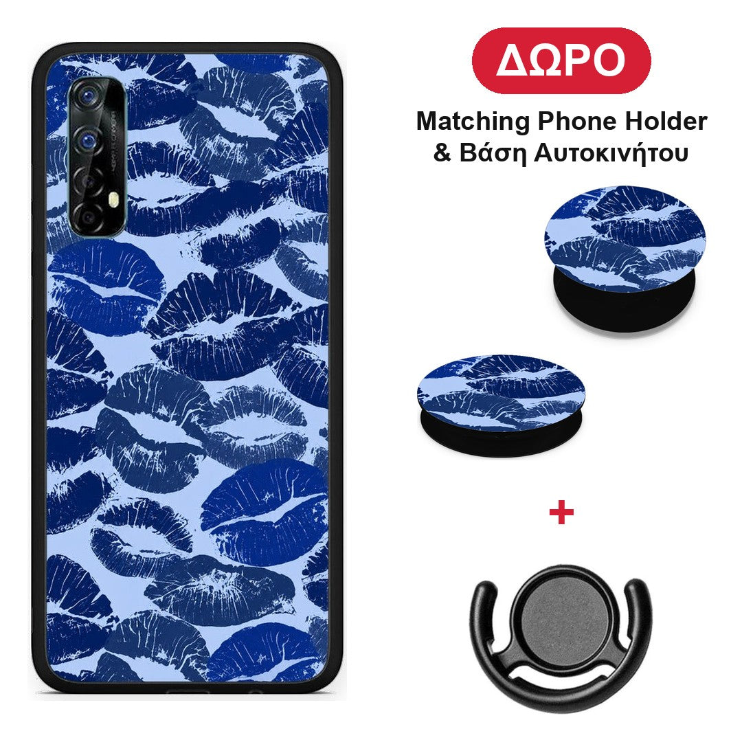 Blue Lipstick Kisses - Realme 7 θήκη + Δώρο Phone Holder & Βάση Αυτοκινήτου