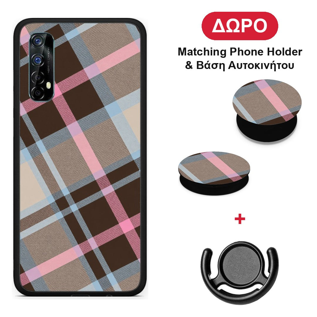 Brown Pink and Blue Diagonal Plaid - Realme 7 θήκη + Δώρο Phone Holder & Βάση Αυτοκινήτου