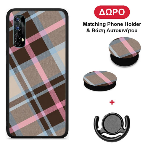 Brown Pink and Blue Diagonal Plaid - Realme 7 θήκη + Δώρο Phone Holder & Βάση Αυτοκινήτου