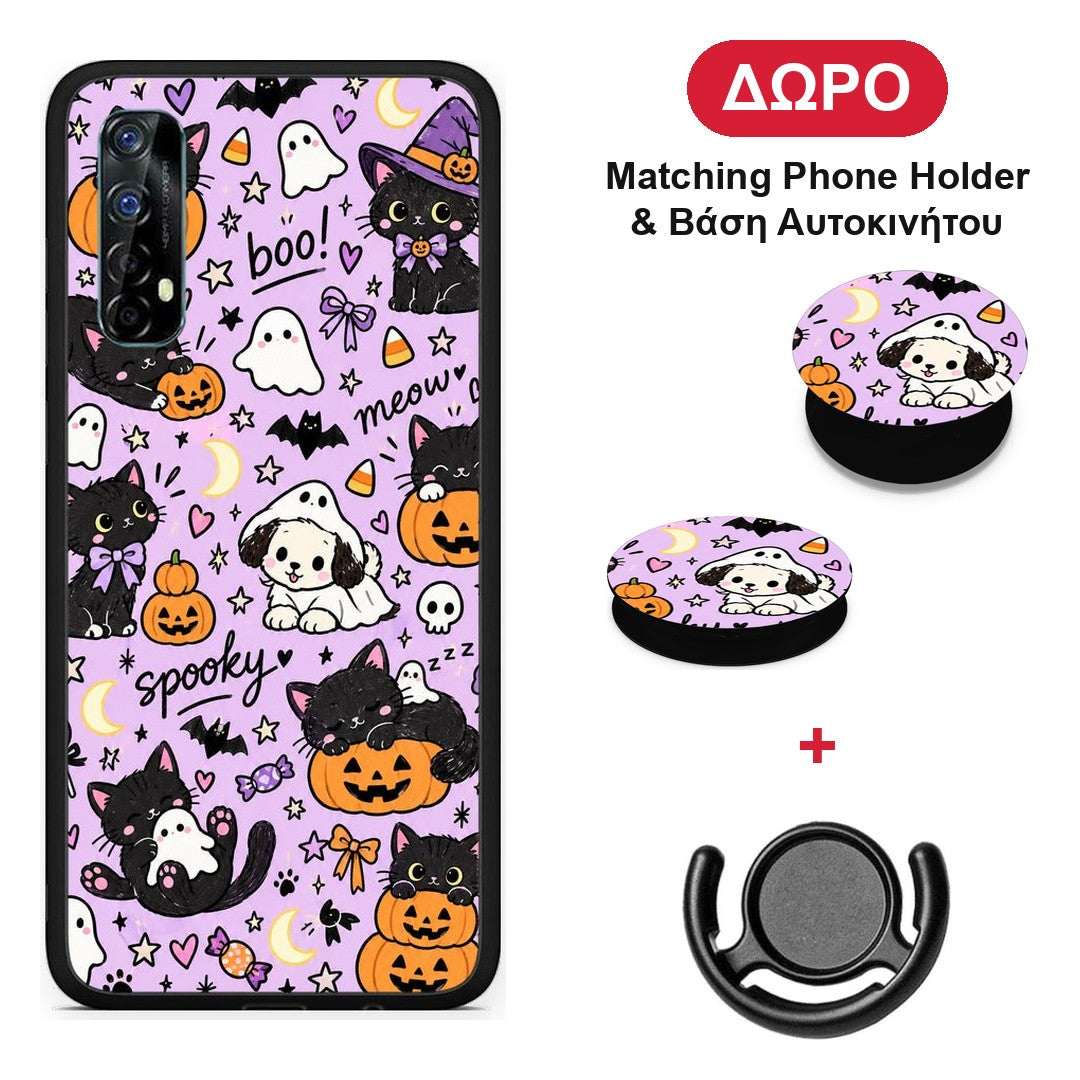 Halloween Black Cats on Lilac - Realme 7 θήκη + Δώρο Phone Holder & Βάση Αυτοκινήτου