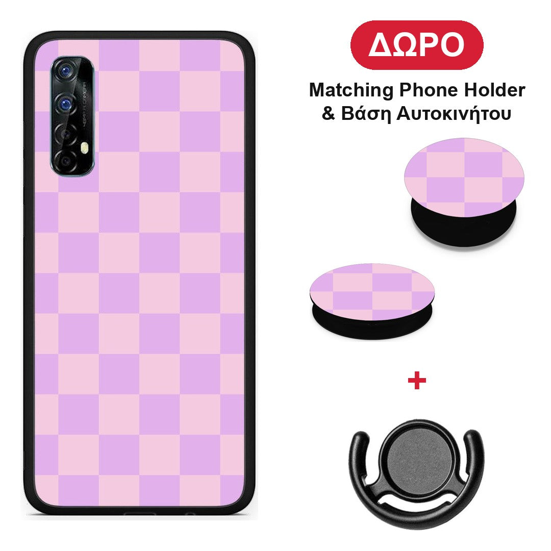 Lavender and Pink Checkerboard - Realme 7 θήκη + Δώρο Phone Holder & Βάση Αυτοκινήτου