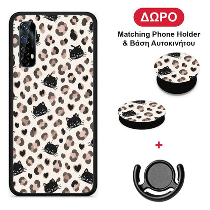 Leopard Spots and Black Cats on Cream - Realme 7 θήκη + Δώρο Phone Holder & Βάση Αυτοκινήτου