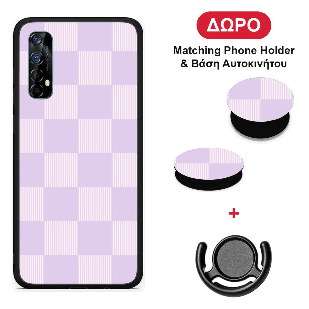 Lilac and Cream Striped Checks - Realme 7 θήκη + Δώρο Phone Holder & Βάση Αυτοκινήτου