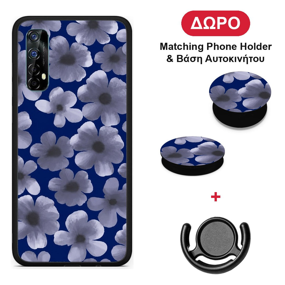 Pale Blue Flowers on Navy - Realme 7 θήκη + Δώρο Phone Holder & Βάση Αυτοκινήτου