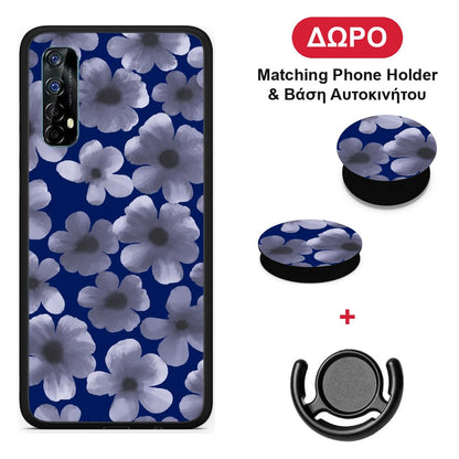 Pale Blue Flowers on Navy - Realme 7 θήκη + Δώρο Phone Holder & Βάση Αυτοκινήτου