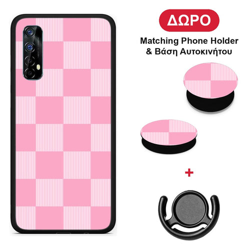 Pink and White Striped Checks - Realme 7 θήκη + Δώρο Phone Holder & Βάση Αυτοκινήτου
