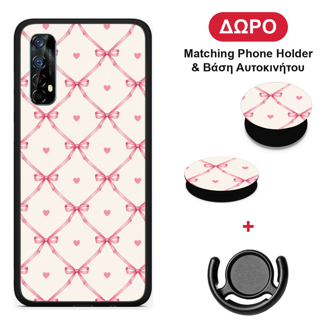 Pink Bow Lattice and Hearts on Cream - Realme 7 θήκη + Δώρο Phone Holder & Βάση Αυτοκινήτου