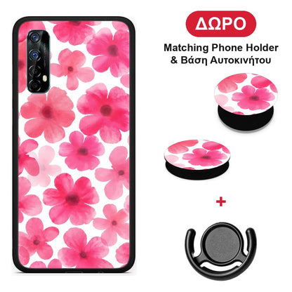 Pink Watercolour Flowers on White - Realme 7 θήκη + Δώρο Phone Holder & Βάση Αυτοκινήτου