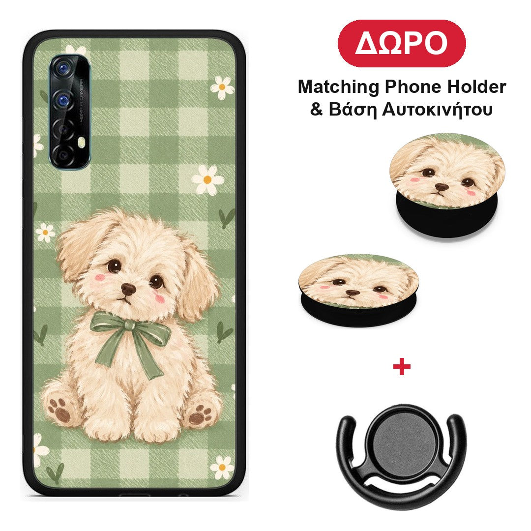 Puppy and Daisies on Sage Gingham - Realme 7 θήκη + Δώρο Phone Holder & Βάση Αυτοκινήτου