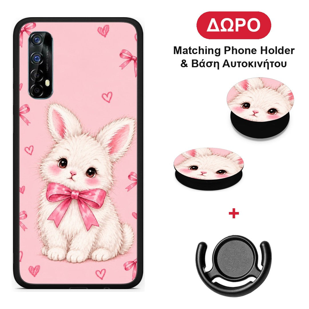 White Bunny and Pink Bows - Realme 7 θήκη + Δώρο Phone Holder & Βάση Αυτοκινήτου