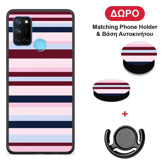 Burgundy Pink and Blue Horizontal Stripes - Realme 7i / C25 θήκη + Δώρο Phone Holder & Βάση Αυτοκινήτου
