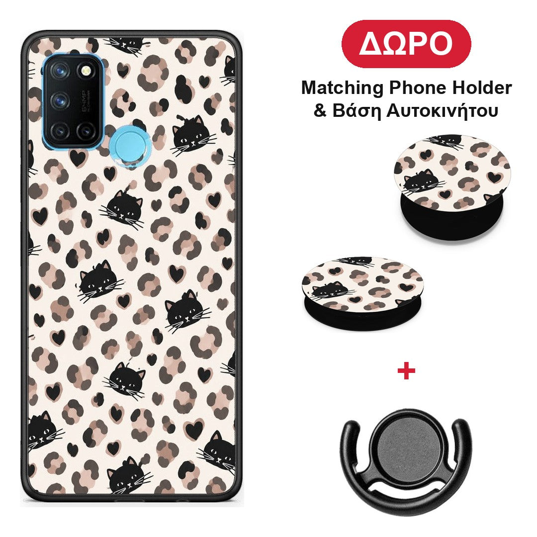 Leopard Spots and Black Cats on Cream - Realme 7i / C25 θήκη + Δώρο Phone Holder & Βάση Αυτοκινήτου