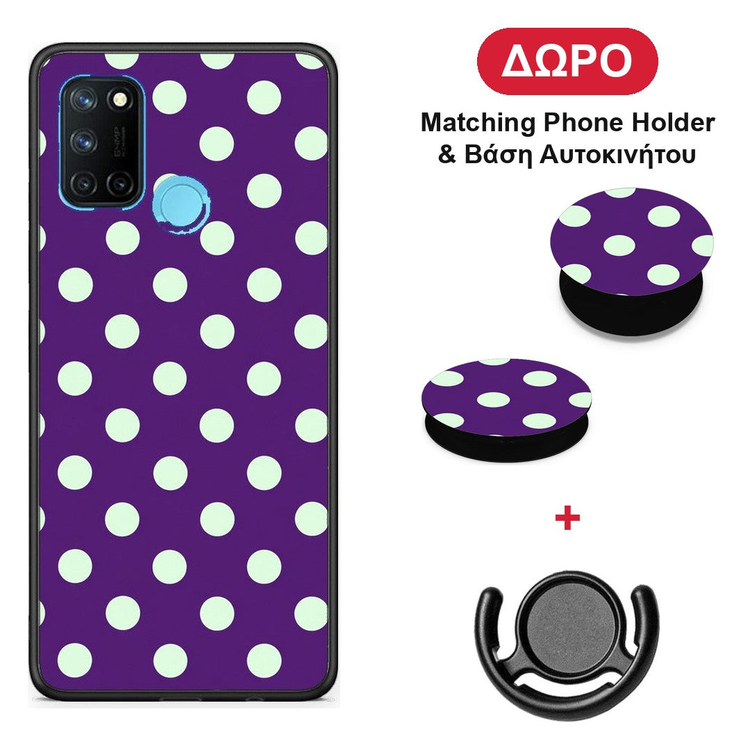Mint Polka Dots on Purple - Realme 7i / C25 θήκη + Δώρο Phone Holder & Βάση Αυτοκινήτου
