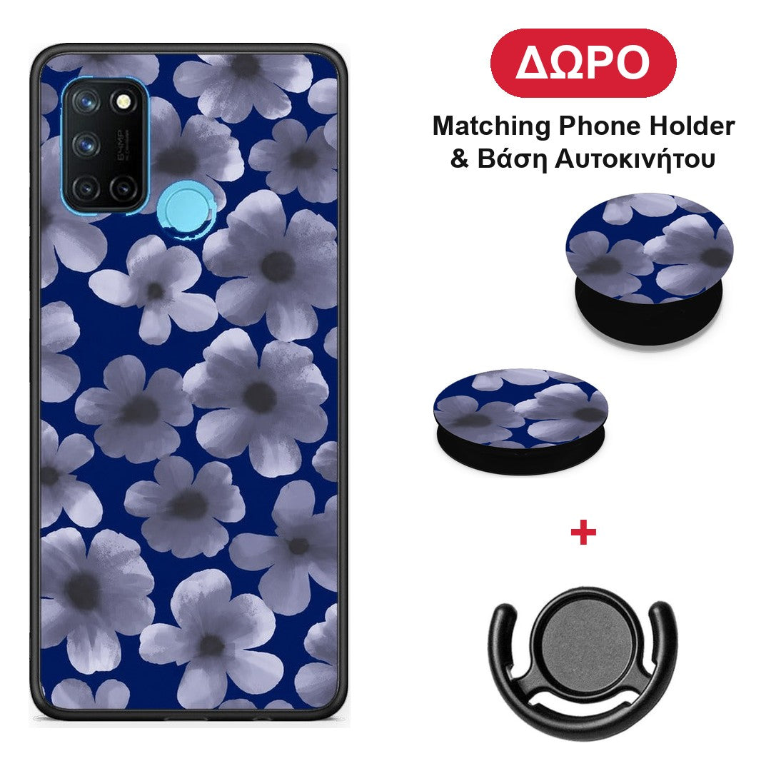 Pale Blue Flowers on Navy - Realme 7i / C25 θήκη + Δώρο Phone Holder & Βάση Αυτοκινήτου