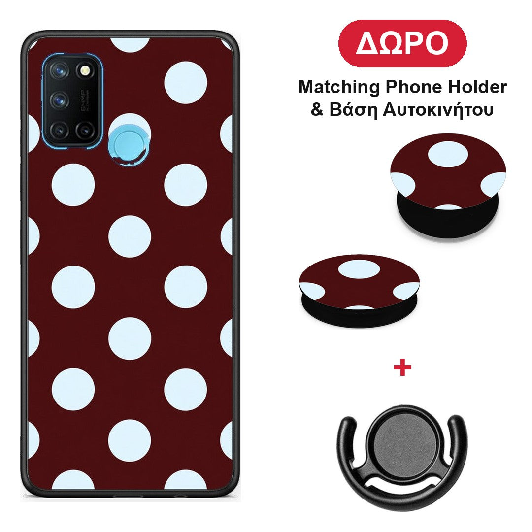 Pale Blue Large Polka Dots on Burgundy - Realme 7i / C25 θήκη + Δώρο Phone Holder & Βάση Αυτοκινήτου