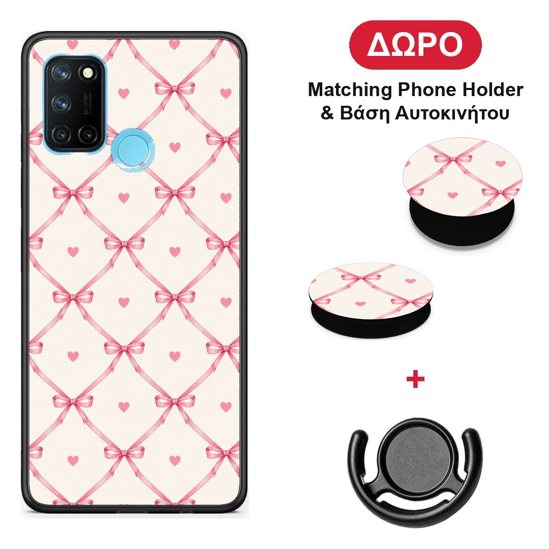 Pink Bow Lattice and Hearts on Cream - Realme 7i / C25 θήκη + Δώρο Phone Holder & Βάση Αυτοκινήτου