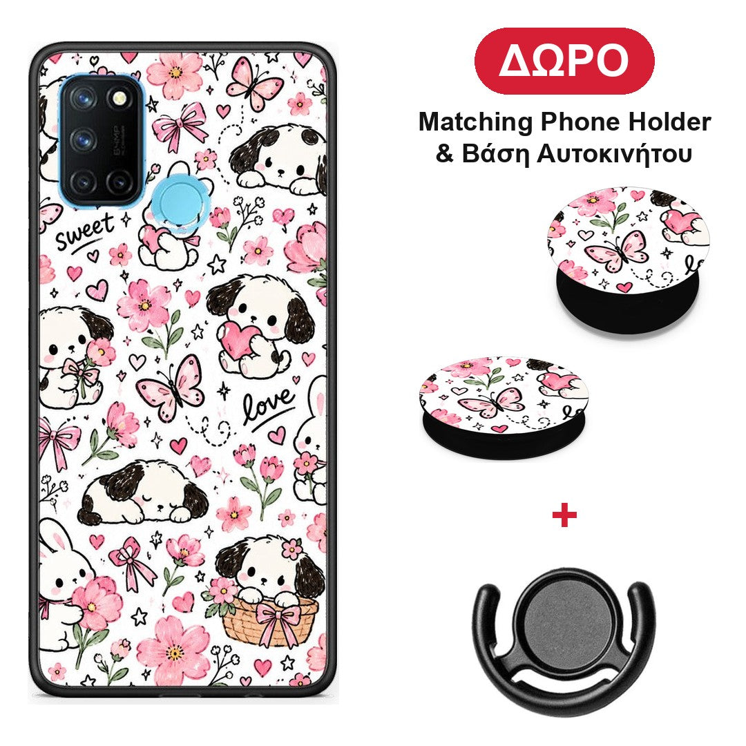 Pink Florals Puppies and Bunnies on White - Realme 7i / C25 θήκη + Δώρο Phone Holder & Βάση Αυτοκινήτου