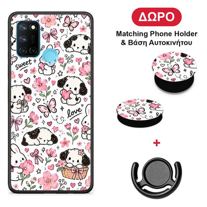 Pink Florals Puppies and Bunnies on White - Realme 7i / C25 θήκη + Δώρο Phone Holder & Βάση Αυτοκινήτου