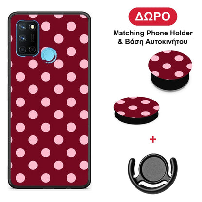 Pink Polka Dots on Burgundy - Realme 7i / C25 θήκη + Δώρο Phone Holder & Βάση Αυτοκινήτου