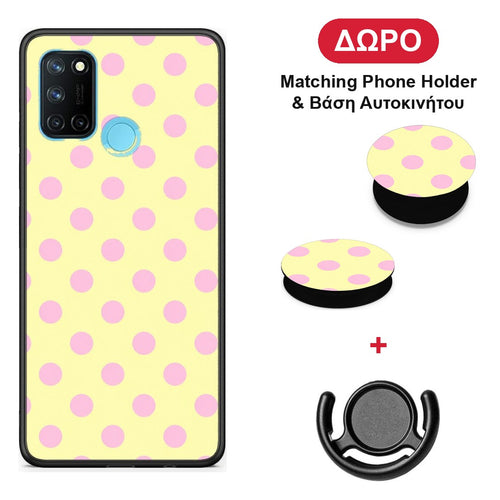 Pink Polka Dots on Yellow - Realme 7i / C25 θήκη + Δώρο Phone Holder & Βάση Αυτοκινήτου
