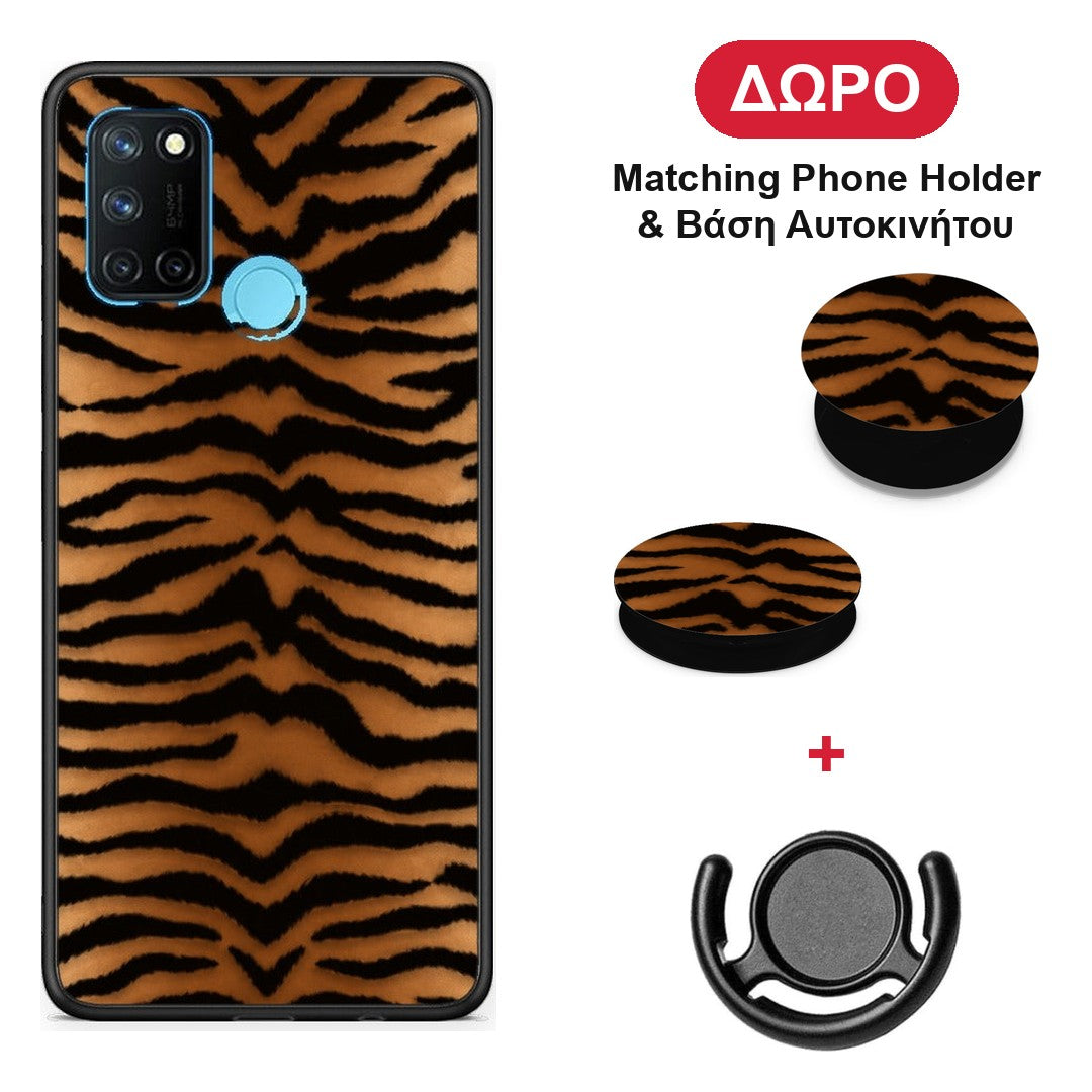 Tiger Print Orange and Black - Realme 7i / C25 θήκη + Δώρο Phone Holder & Βάση Αυτοκινήτου