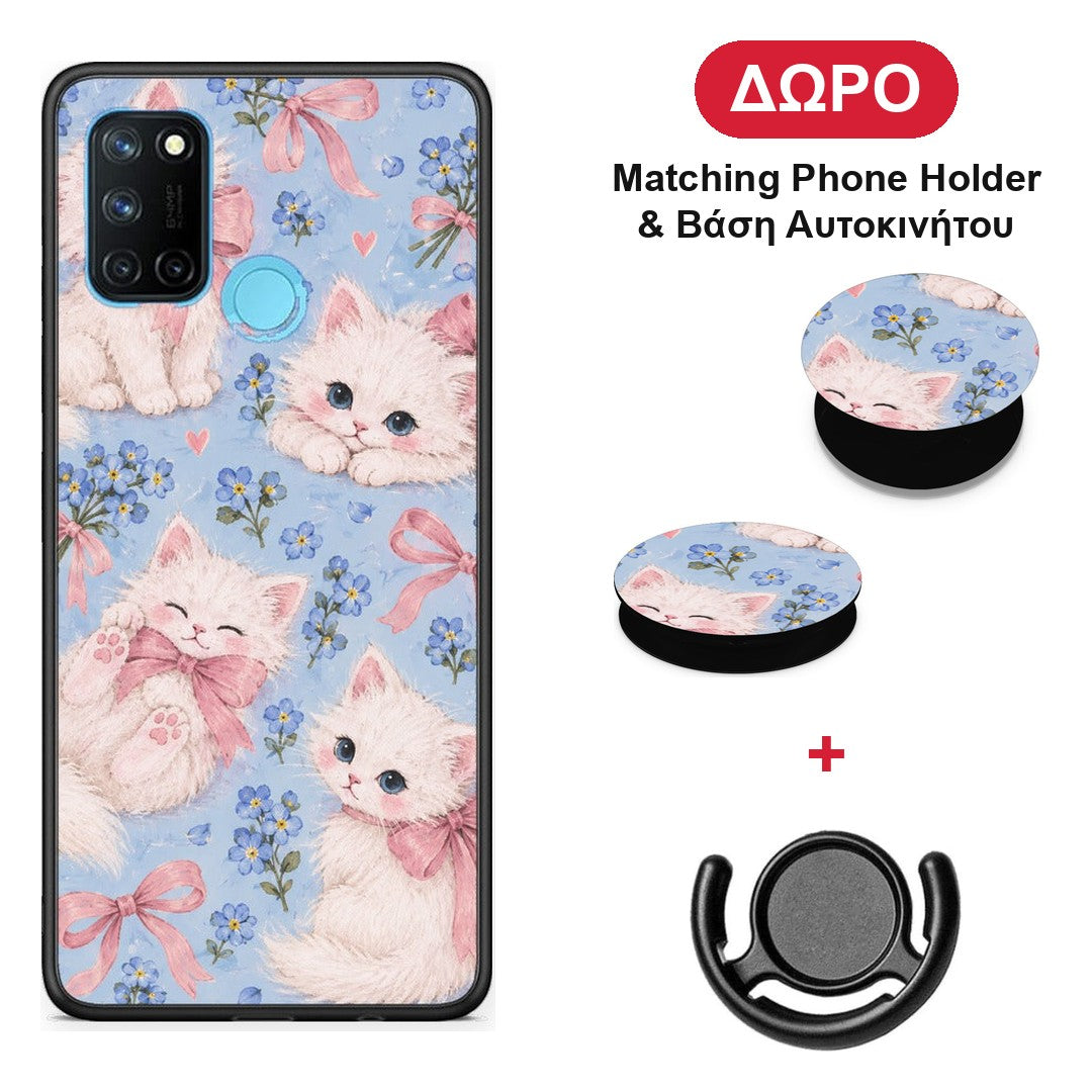 White Kittens and Blue Flowers Large - Realme 7i / C25 θήκη + Δώρο Phone Holder & Βάση Αυτοκινήτου