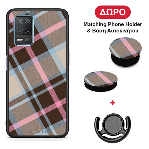 Brown Pink and Blue Diagonal Plaid - Realme 8 5G θήκη + Δώρο Phone Holder & Βάση Αυτοκινήτου